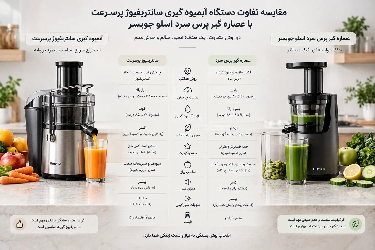 مقایسه تفاوت دستگاه آبمیوه گیری سانتریفیوژ پرسرعت با عصاره گیر پرس سرد اسلو جویسر روی کانتر