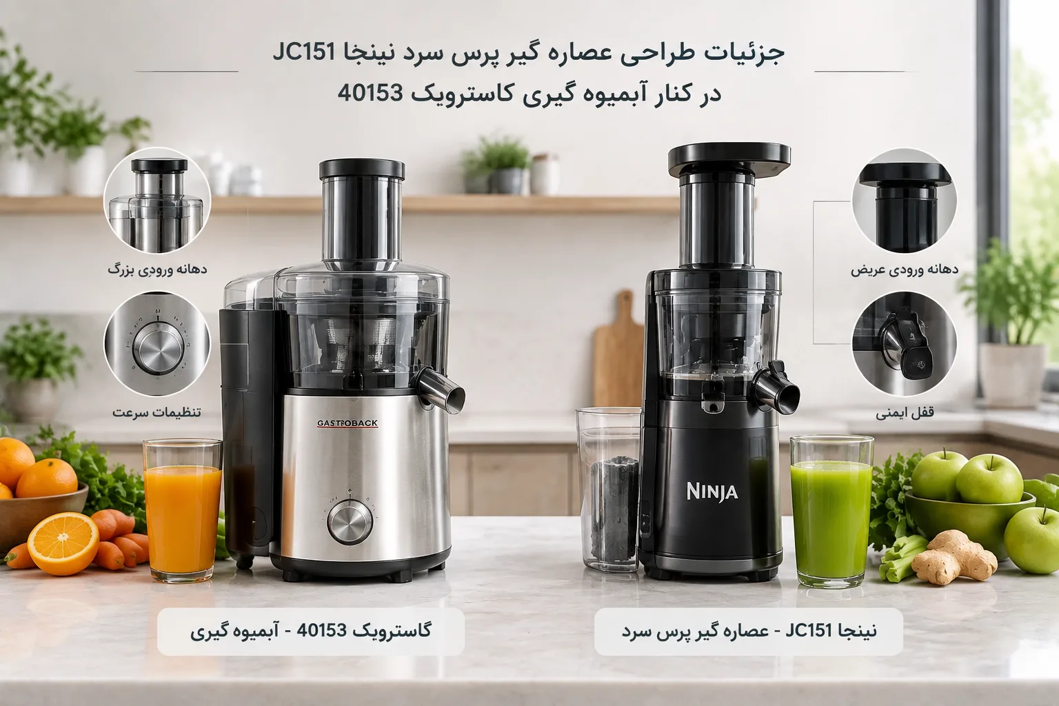 جزئیات طراحی عصاره گیر پرس سرد نینجا JC151 در کنار آبمیوه گیری گاستروبک 40153