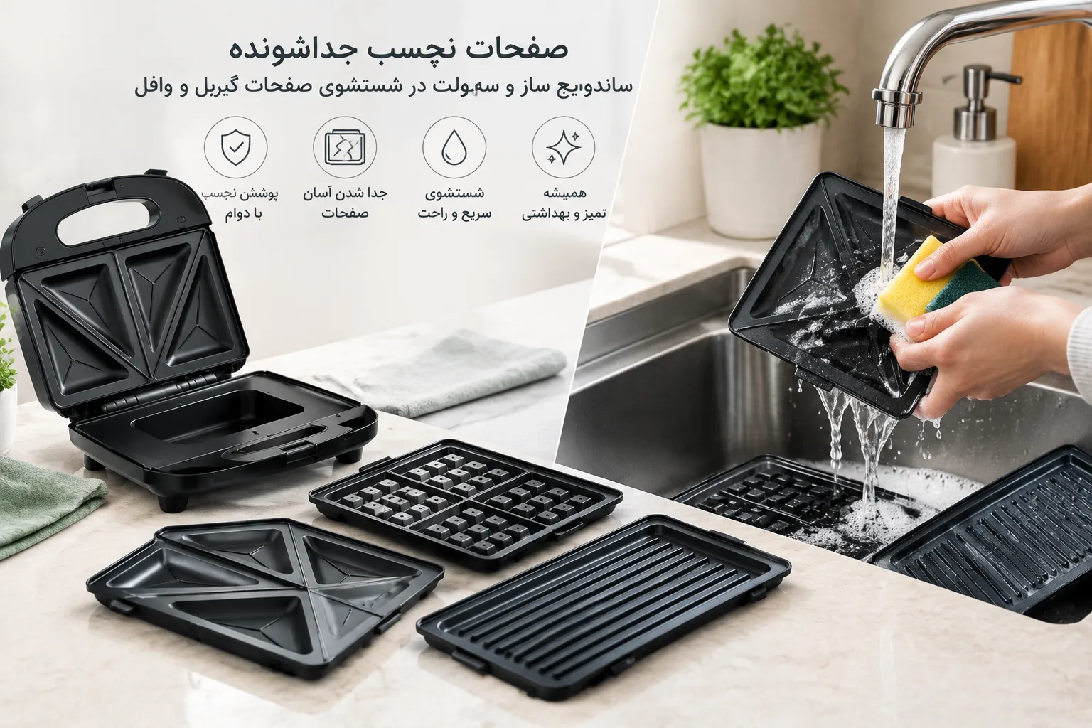 صفحات نچسب جداشونده ساندویچ ساز و سهولت در شستشوی صفحات گریل و وافل