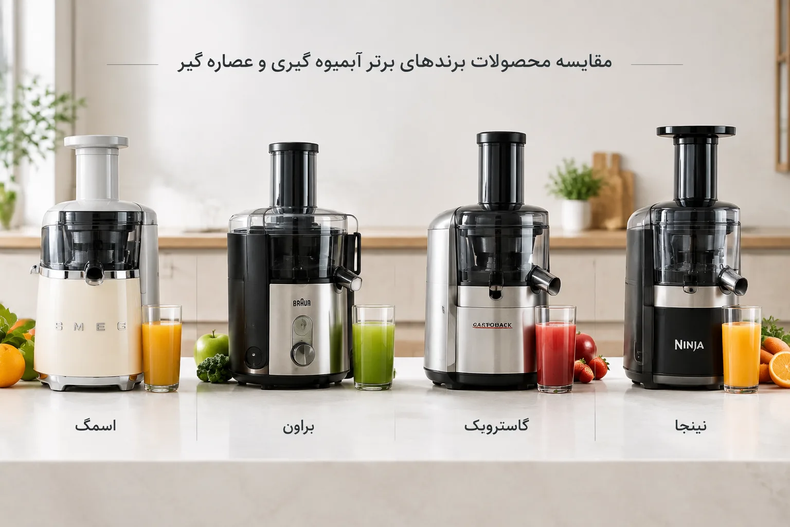 مقایسه محصولات برندهای برتر آبمیوه گیری و عصاره گیر شامل نینجا، گاستروبک، براون و اسمگ